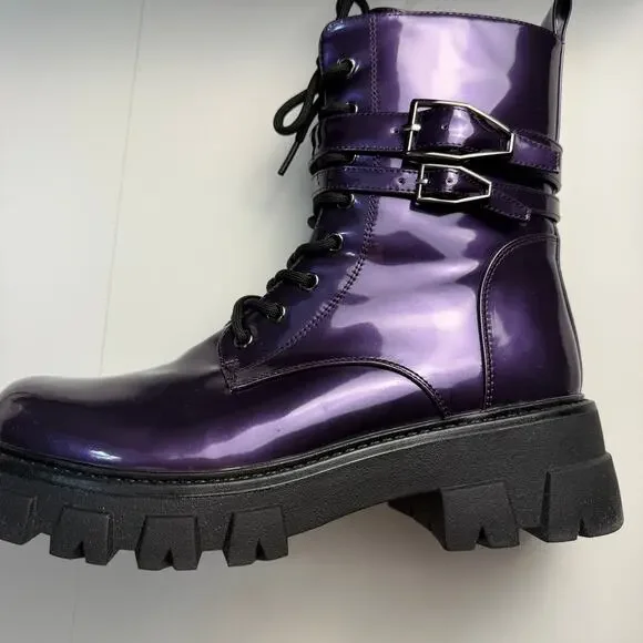 Women Combat Boots Lace Up Buckle Lug Sole Ankle Biker Boots - Picture 8 of 12